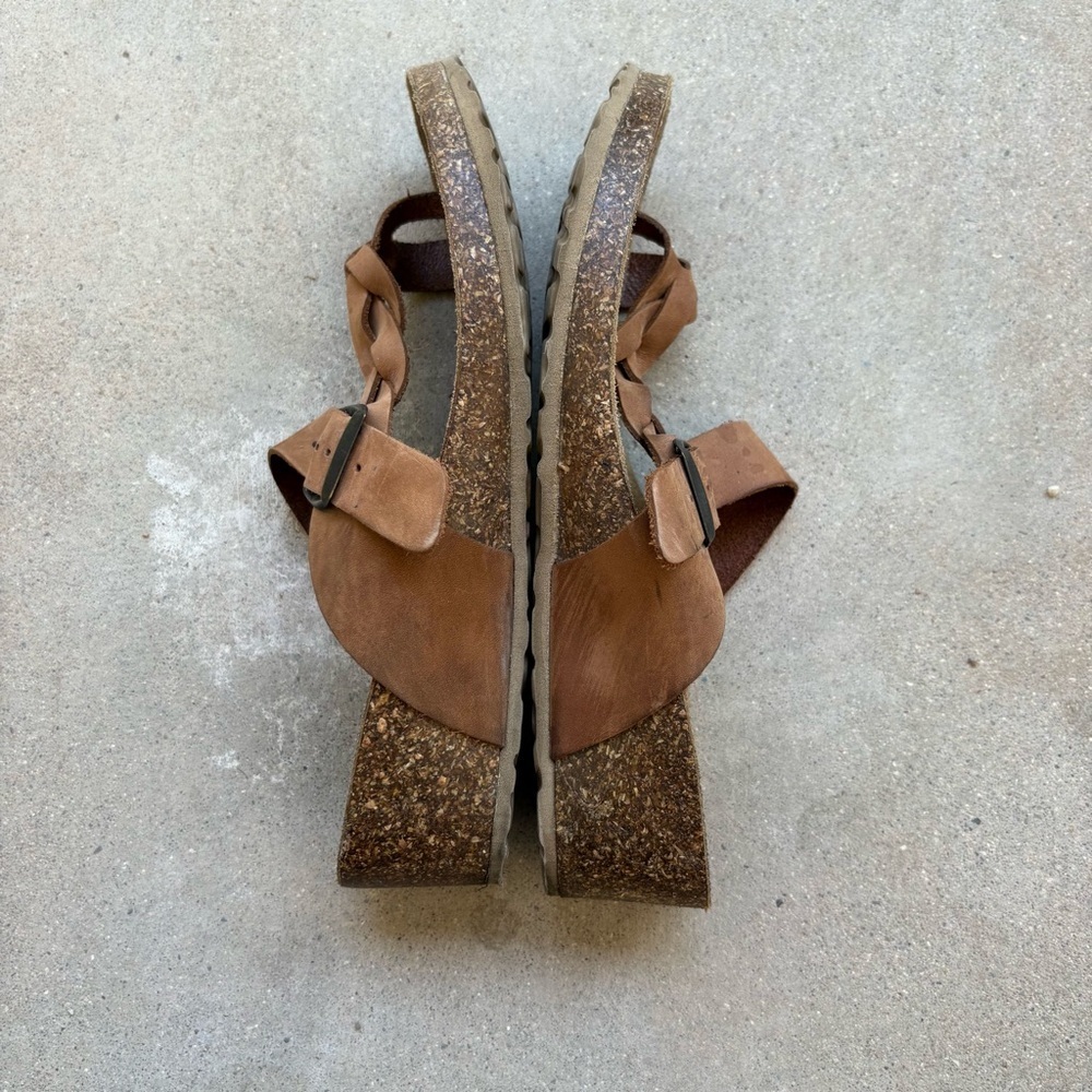 Mila Paoli Italy Women 9.5 Brown Leather Braided Strap Cork Wedge Sandals Shoes - Picture 3 of 5